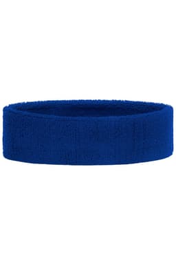A blue Terry headband with a textured, plush appearance, featuring a simple design and a logo.