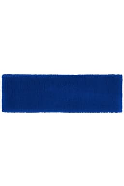 A blue terry headband with a soft, textured surface and a subtle branding logo.