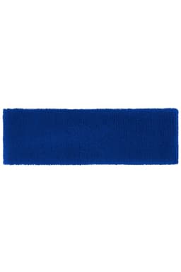 A blue Terry headband with a soft texture, featuring a simple design and a logo on one side.