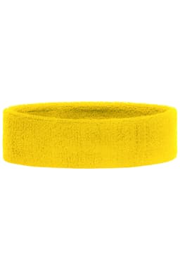 A yellow terry headband made of soft, absorbent material, featuring a smooth, rounded design.