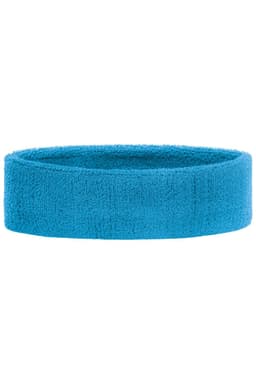 A blue Terry Headband with a soft, textured finish and a circular shape. It features a logo on the side.