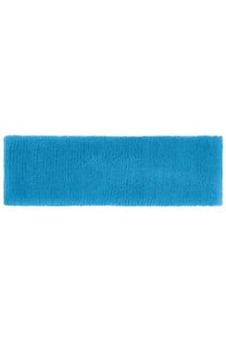 A blue terry headband made of soft, textured fabric, featuring a logo.