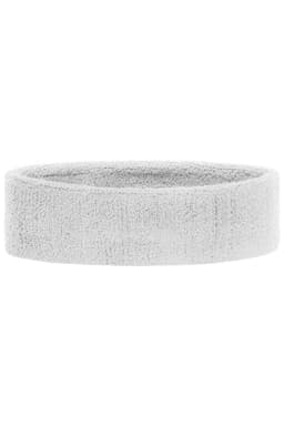 A grey terry headband with a soft, textured appearance and a logo present on the design.