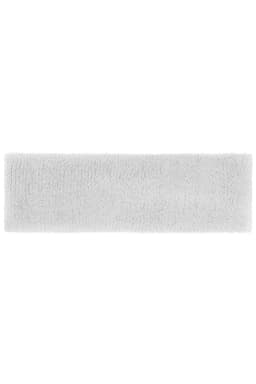 A soft, terry headband in white, featuring a smooth texture and a simple design. It has a logo on the side.