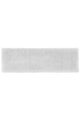 A white Terry headband with a soft, fuzzy texture, featuring a logo.
