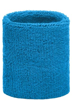 A blue Terry Wristband, made from soft terry cloth material, featuring a simple design and a logo on it.