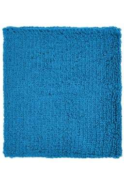 A textured blue Terry Wristband with a plush surface, featuring a simple design and a logo.