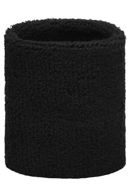 A black Terry Wristband with a textured fabric, featuring a logo. Ideal for headwear accessories.