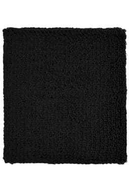 A black Terry Wristband made of soft, textured fabric, featuring a logo.