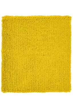 A bright yellow Terry wristband with a textured surface, featuring a logo on one side.
