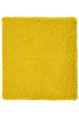 A yellow Terry Wristband with a textured surface, featuring a logo in the corner.