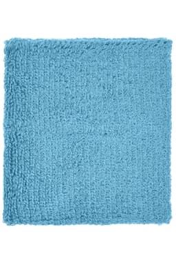 A blue terry wristband featuring a textured, fluffy surface, suitable for headwear. It includes a logo.