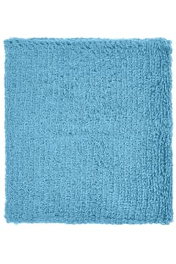 A soft, textured blue Terry wristband with a square shape, featuring a logo.