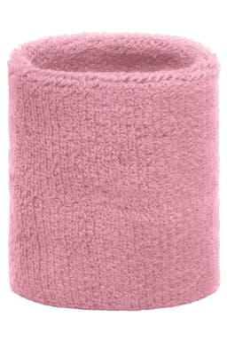 A pink Terry Wristband with a soft, textured fabric, suitable for headwear. Features a logo on the side.