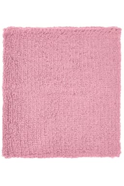 A pink terry wristband featuring a textured, soft fabric, suitable for headwear accessories. It has a logo.