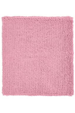 A pink Terry wristband with a textured, fluffy surface, featuring a logo on one side.