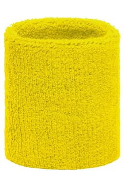 A yellow Terry Wristband, featuring a soft, textured surface and a simple design. It has a logo on it.
