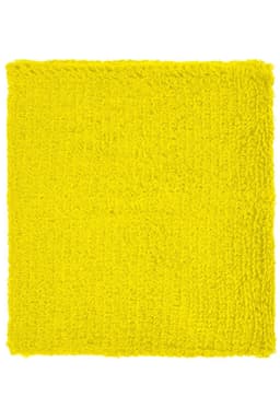 A bright yellow Terry Wristband with a textured surface, featuring a logo.