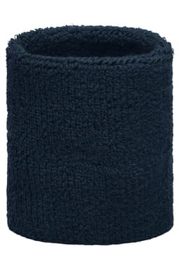 A navy Terry Wristband made of soft, textured fabric, featuring a logo on the side.
