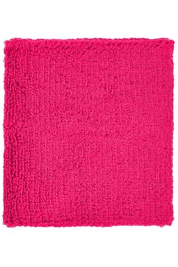 A pink Terry Wristband with a textured surface, featuring a logo and designed as headwear.