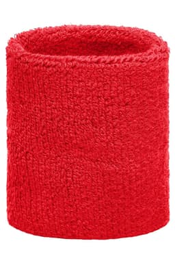 A red Terry Wristband, made of textured fabric, featuring a simple design and a logo.
