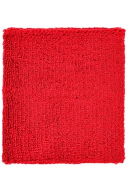 A red Terry Wristband made of soft, textured fabric, featuring a logo on one side.