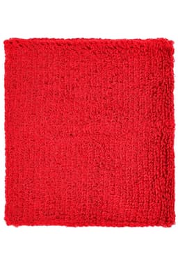 A red terry wristband with a textured surface, featuring a logo.