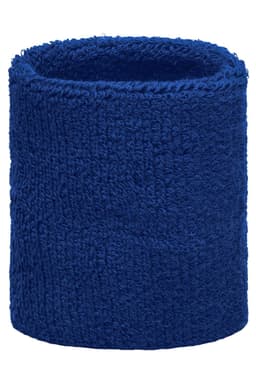 A blue Terry Wristband with a soft, textured fabric. It has a logo featured on the design.