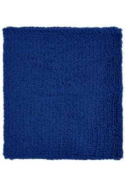 A blue Terry Wristband made of soft, textured fabric, designed for headwear use. It features a logo.