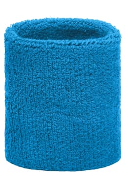 A blue terry wristband with a soft, textured finish and a consistent cylindrical shape. It features a logo.