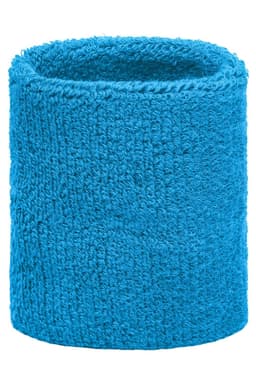 A blue Terry Wristband with a textured fabric design. It features a logo on the side.