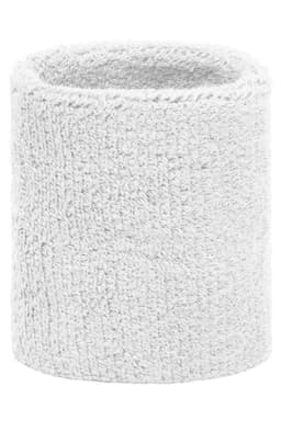 A white Terry wristband with a textured, soft finish, featuring a logo.