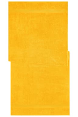A yellow sauna sheet, featuring a soft texture and a simple, clean design. There is a logo in the corner.