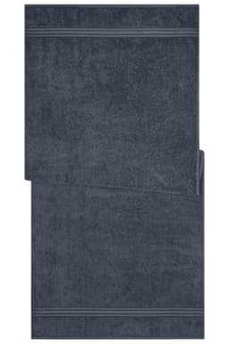 A dark navy sauna sheet with a textured finish and two striped patterns at either end. It features a logo.