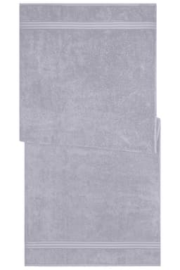 A grey sauna sheet with a soft texture and two decorative stripes across the top.