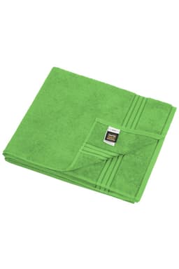 A green sauna sheet folded neatly, featuring a simple striped design and a label at one corner.