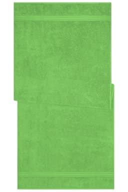 A bright green sauna sheet displayed flat, featuring a textured surface and decorative border. It includes a logo.