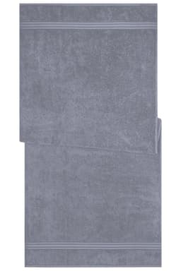 A grey sauna sheet with a textured surface and two striped accents. It has a simple, elegant design.