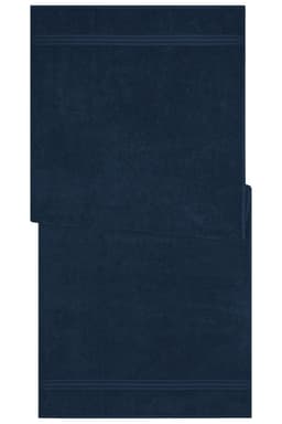 A navy blue sauna sheet featuring a textured design and a folded edge, with a simple branding element.
