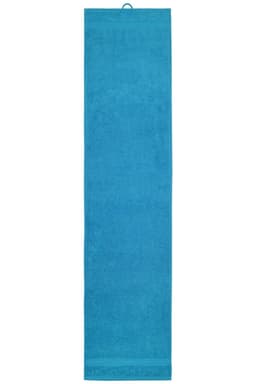 A blue sport towel with a hanging loop, designed for gym and outdoor activities. It features a branding logo.