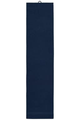 A navy gym towel, featuring a hook for easy hanging and a smooth texture, is displayed vertically.