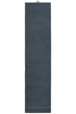 A dark grey sport towel with a hanging loop, designed for gym and outdoor use. It features a logo.