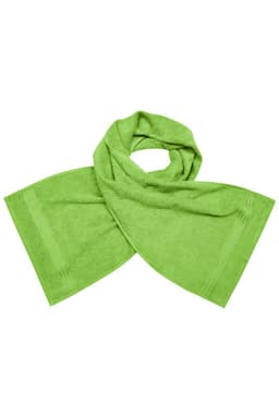 A green sport towel with a soft texture, featuring a logo and an open, folded design.