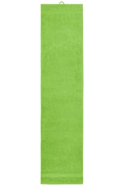 A bright green sport towel with a hanging loop, suitable for gym or outdoor use.