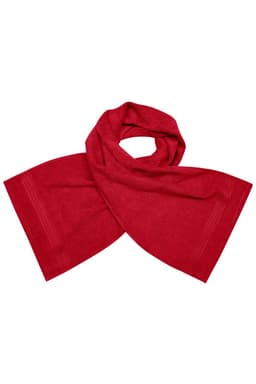 A red sport towel displayed in a folded position, featuring a subtle striped pattern. It has a logo present.
