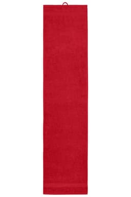 A red sport towel with a loop for hanging, ideal for gym and outdoor activities. Features a branded logo.