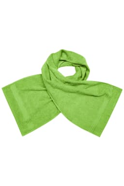 A green gym towel with a textured surface, featuring a logo and a folded design.