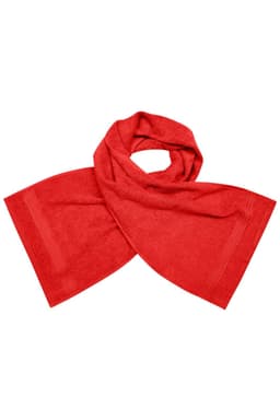 A red sport towel with a textured surface and two parallel stripes along the edges, featuring a logo.