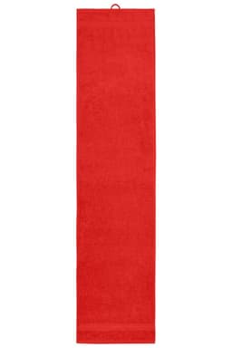 A red sport towel with a hanging loop, featuring a smooth texture and an even colour throughout.