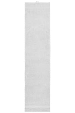 A white sport towel with a hanging loop, suitable for leisure and outdoor activities. It features a logo.